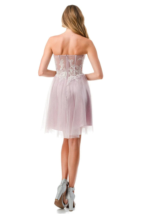 Strapless Bodice Glitter Short Homecoming Dress Lace Applique Fit-and-Flare Dress by Trevi S2745B