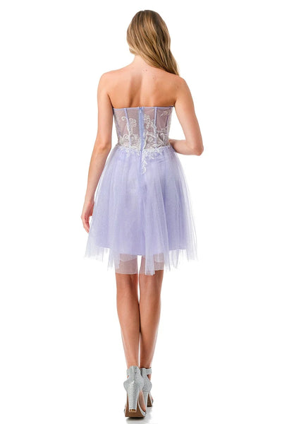 Strapless Bodice Glitter Short Homecoming Dress Lace Applique Fit-and-Flare Dress by Trevi S2745B