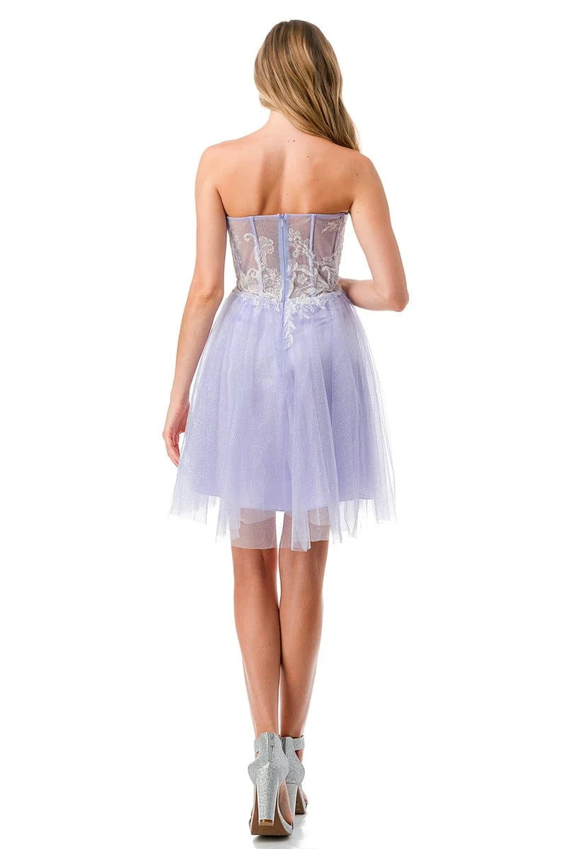 Strapless Bodice Glitter Short Homecoming Dress Lace Applique Fit-and-Flare Dress by Trevi S2745B