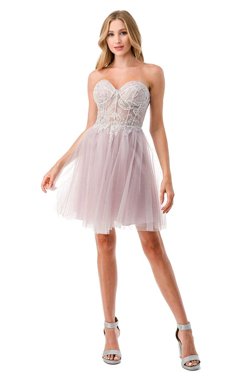 Strapless Bodice Glitter Short Homecoming Dress Lace Applique Fit-and-Flare Dress by Trevi S2745B