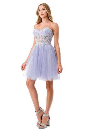 Strapless Bodice Glitter Short Homecoming Dress Lace Applique Fit-and-Flare Dress by Trevi S2745B
