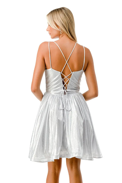 Short Metallic V-Neck Spaghetti Strap Dress with Lace-Up Back Homecoming Dress by Trevi S2750Y