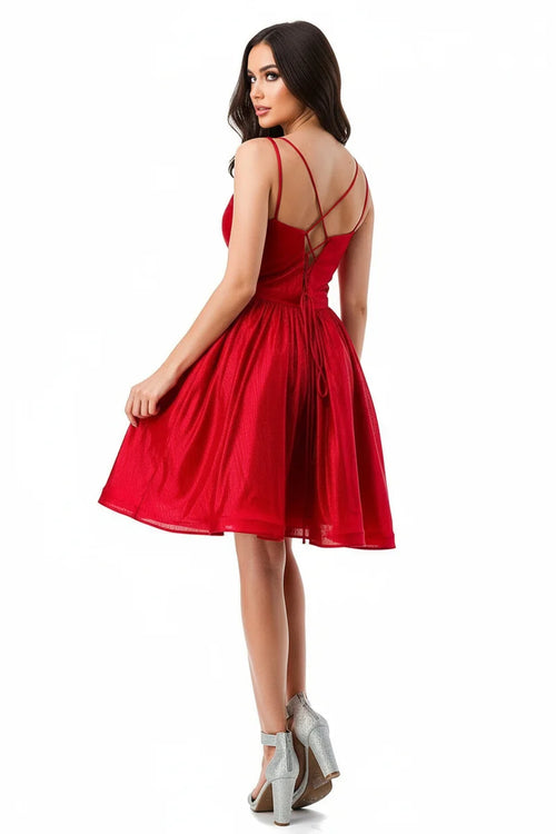 Short Metallic V-Neck Spaghetti Strap Dress with Lace-Up Back Homecoming Dress by Trevi S2750Y