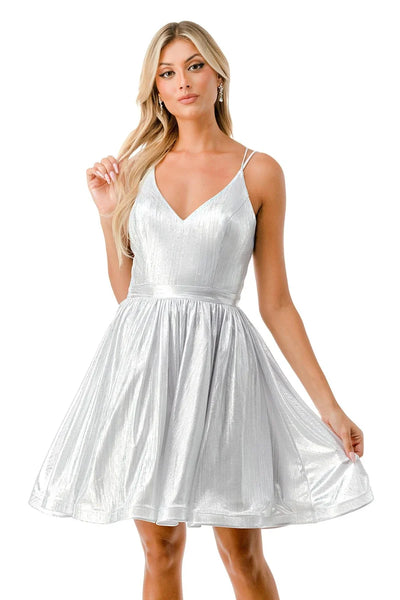 Short Metallic V-Neck Spaghetti Strap Dress with Lace-Up Back Homecoming Dress by Trevi S2750Y