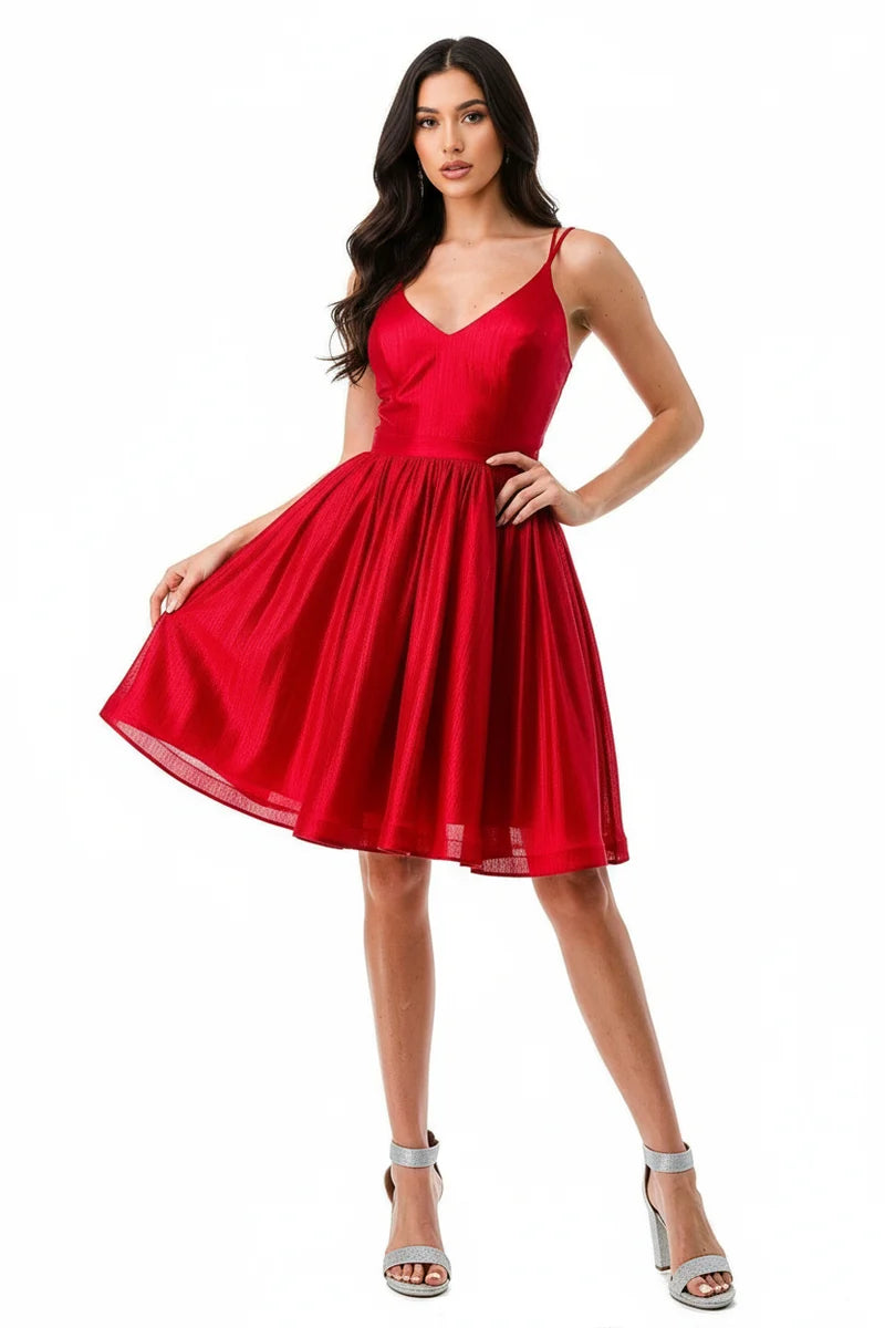 Short Metallic V-Neck Spaghetti Strap Dress with Lace-Up Back Homecoming Dress by Trevi S2750Y