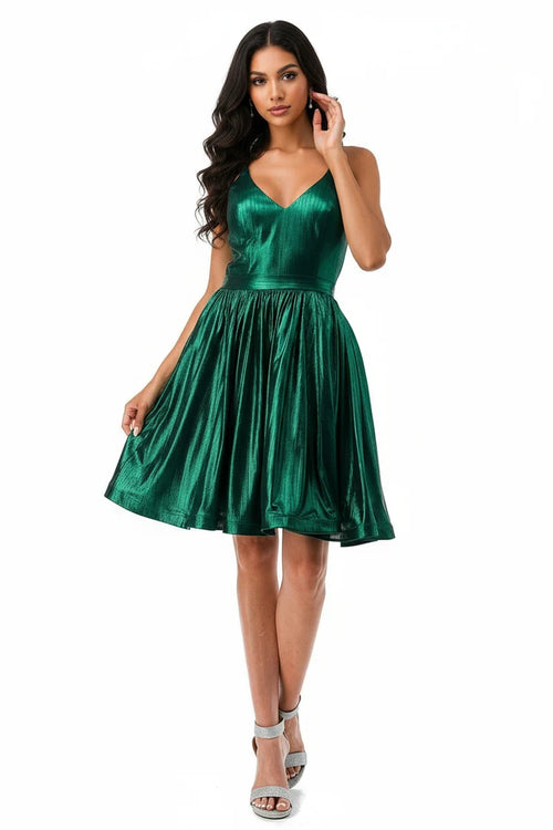 Short Metallic V-Neck Spaghetti Strap Dress with Lace-Up Back Homecoming Dress by Trevi S2750Y