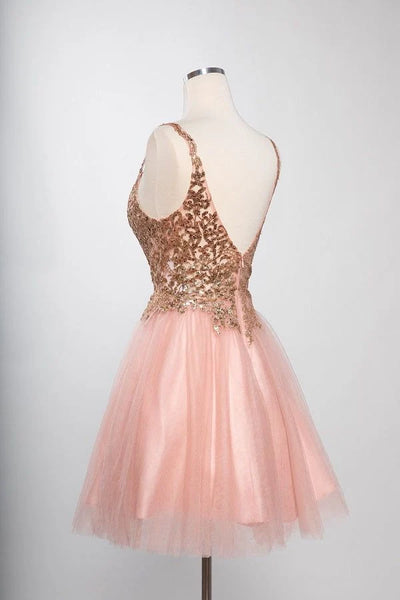 Sleeveless Sequin Lace Applique Short Homecoming Dress with Open Back Tulle Skirt by Trevi S2757J