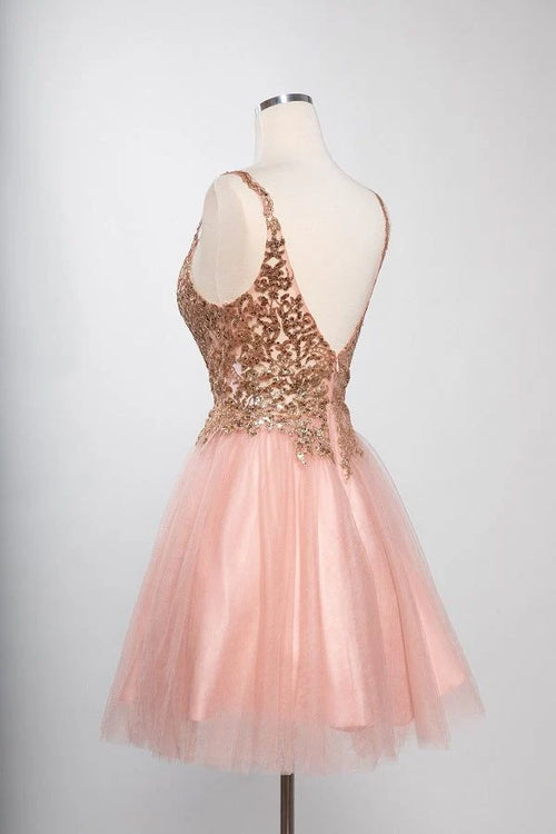 Sleeveless Sequin Lace Applique Short Homecoming Dress with Open Back Tulle Skirt by Trevi S2757J