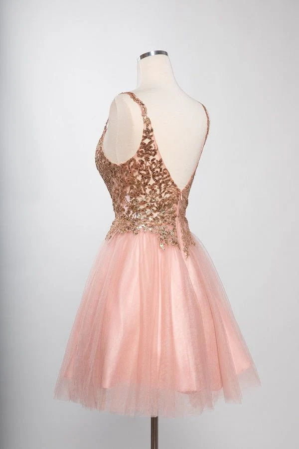 Sleeveless Sequin Lace Applique Short Homecoming Dress with Open Back Tulle Skirt by Trevi S2757J