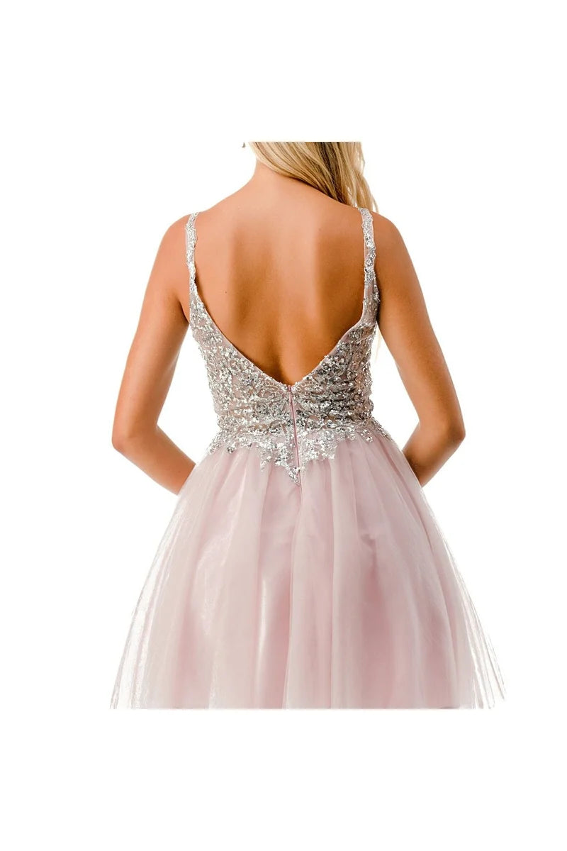 Sleeveless Sequin Lace Applique Short Homecoming Dress with Open Back Tulle Skirt by Trevi S2757J