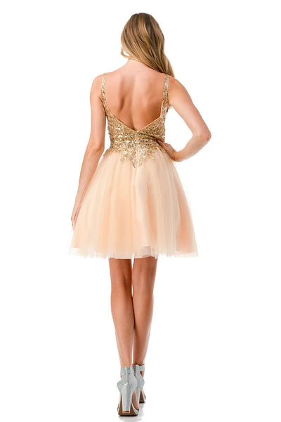 Sleeveless Sequin Lace Applique Short Homecoming Dress with Open Back Tulle Skirt by Trevi S2757J