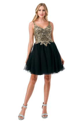 Sleeveless Sequin Lace Applique Short Homecoming Dress with Open Back Tulle Skirt by Trevi S2757J