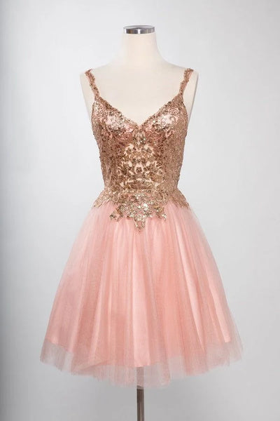 Sleeveless Sequin Lace Applique Short Homecoming Dress with Open Back Tulle Skirt by Trevi S2757J