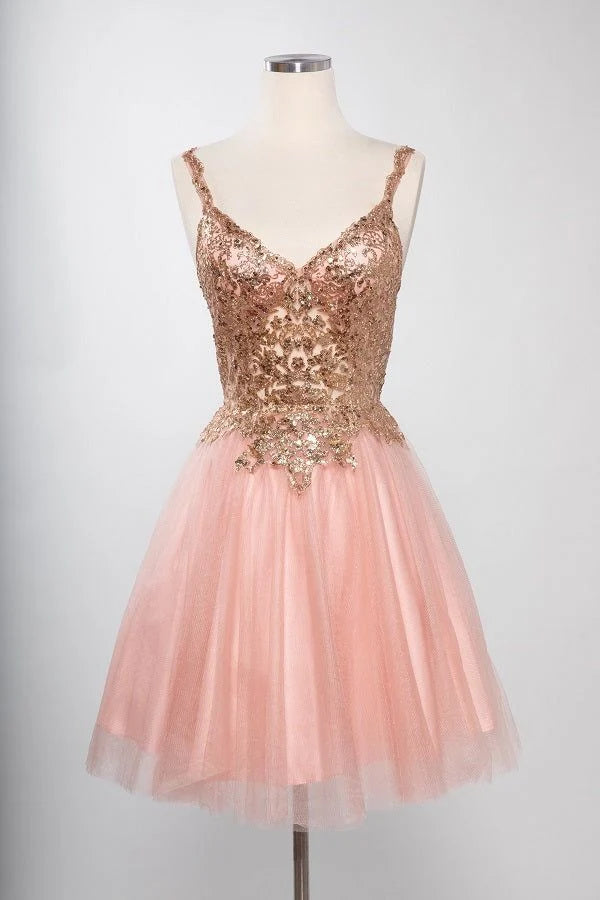 Sleeveless Sequin Lace Applique Short Homecoming Dress with Open Back Tulle Skirt by Trevi S2757J