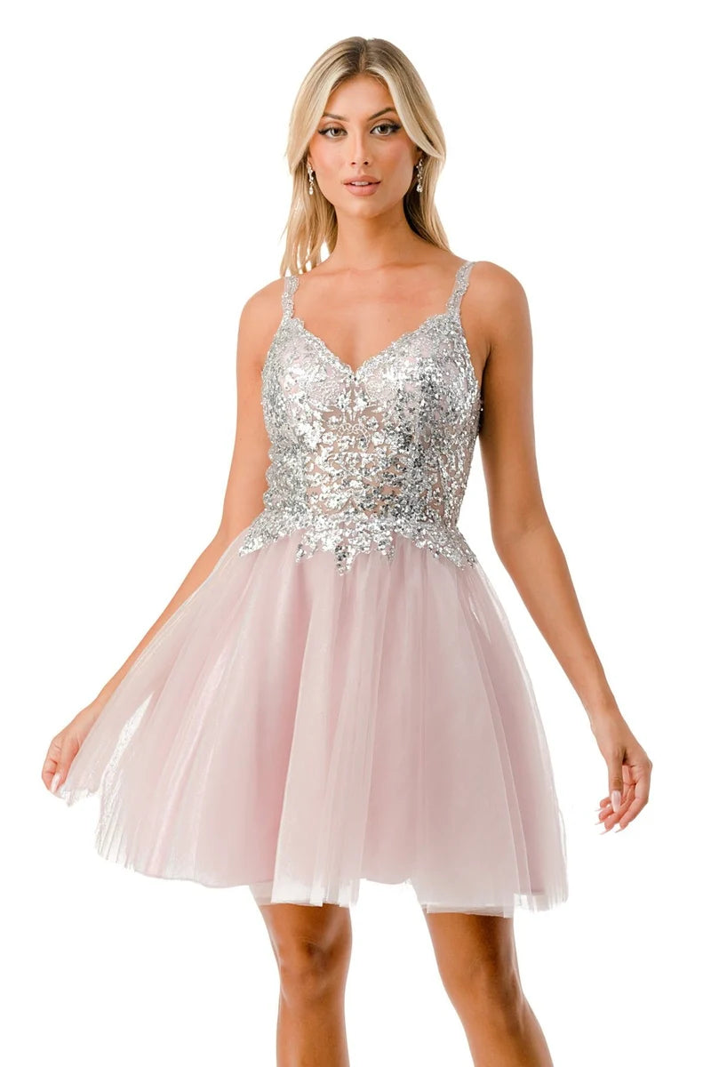 Sleeveless Sequin Lace Applique Short Homecoming Dress with Open Back Tulle Skirt by Trevi S2757J