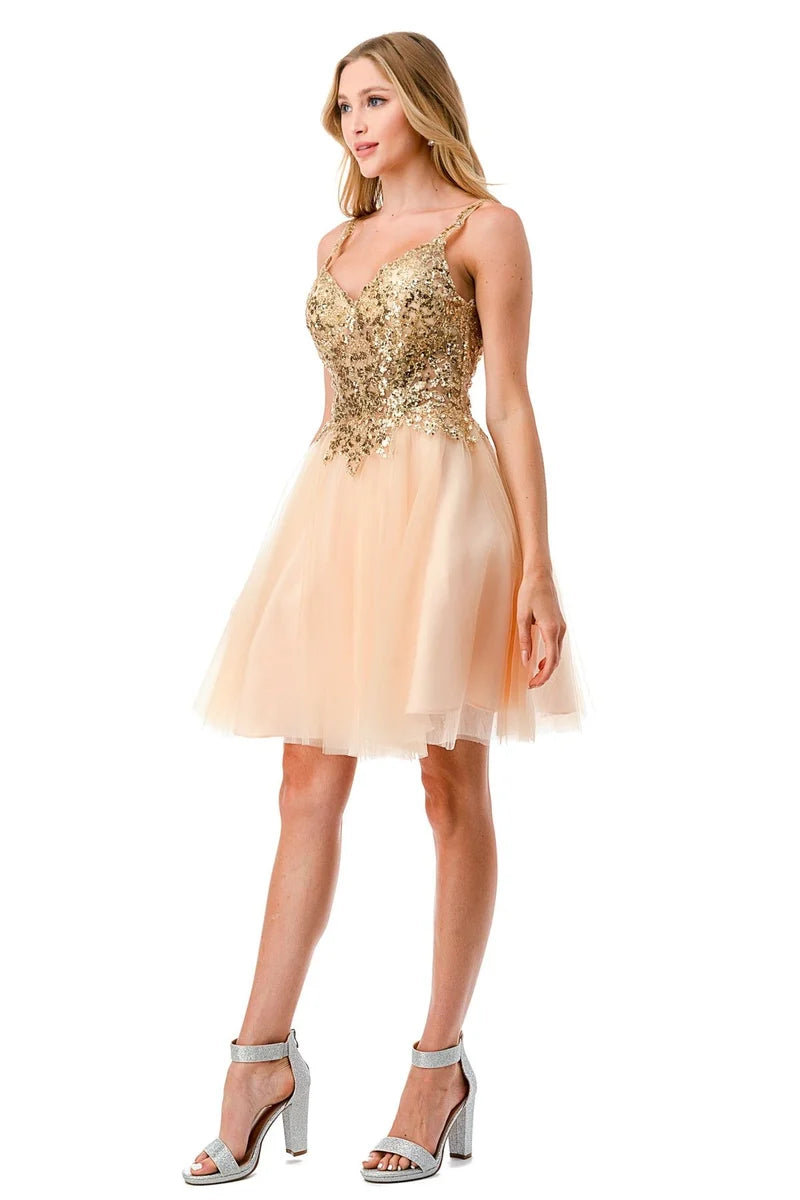 Sleeveless Sequin Lace Applique Short Homecoming Dress with Open Back Tulle Skirt by Trevi S2757J