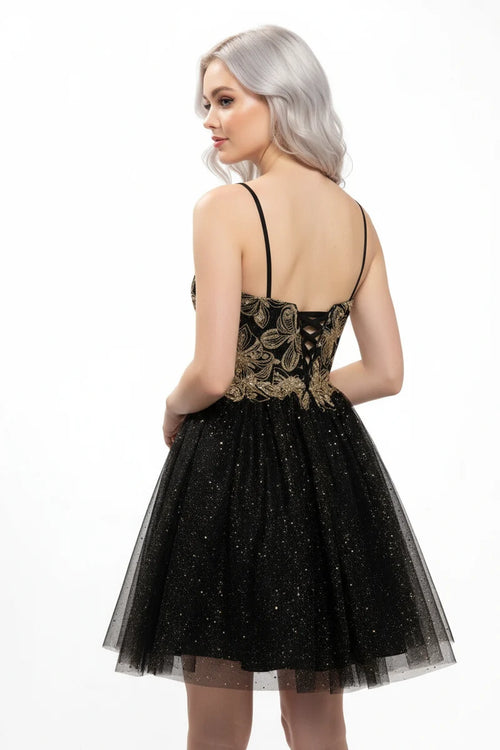 Sequin Floral Embroidered Short Homecoming Dress with Corset Back & Spaghetti Straps by Trevi S2828J