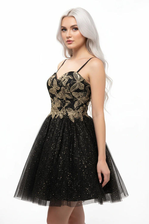Sequin Floral Embroidered Short Homecoming Dress with Corset Back & Spaghetti Straps by Trevi S2828J