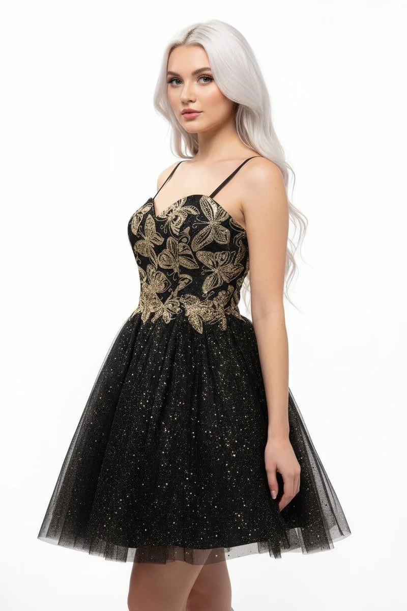 Sequin Floral Embroidered Short Homecoming Dress with Corset Back & Spaghetti Straps by Trevi S2828J