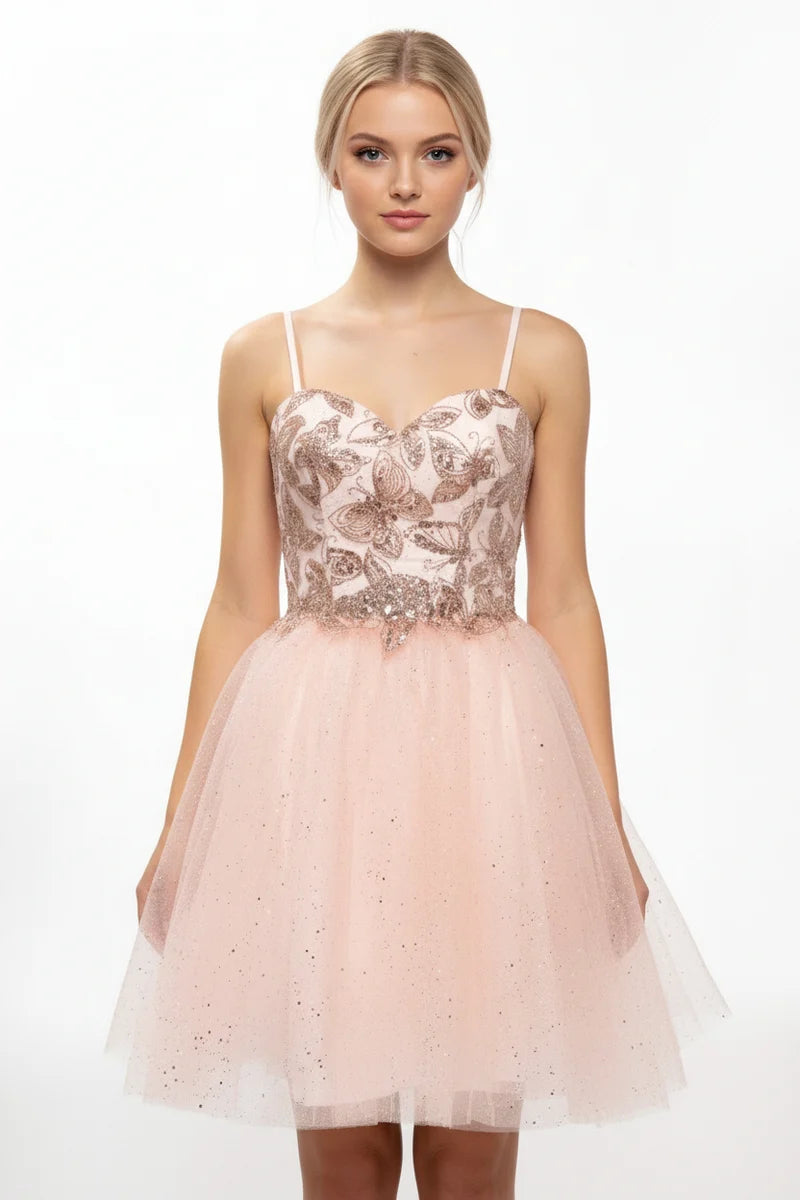 Sequin Floral Embroidered Short Homecoming Dress with Corset Back & Spaghetti Straps by Trevi S2828J