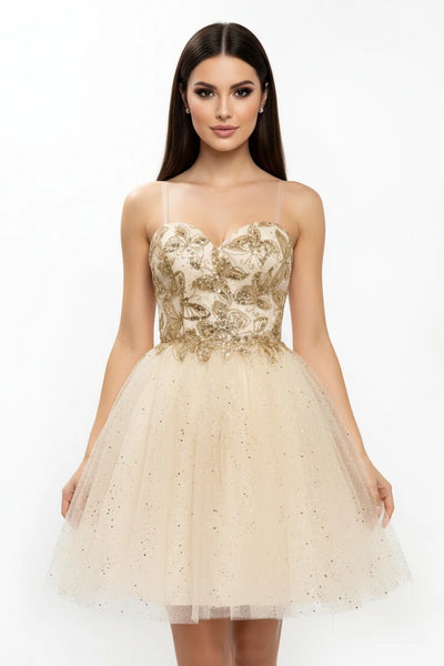 Sequin Floral Embroidered Short Homecoming Dress with Corset Back & Spaghetti Straps by Trevi S2828J