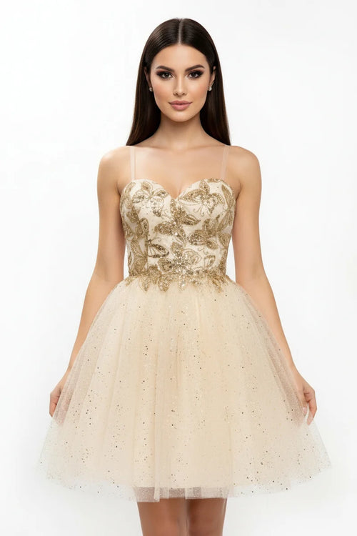 Sequin Floral Embroidered Short Homecoming Dress with Corset Back & Spaghetti Straps by Trevi S2828J