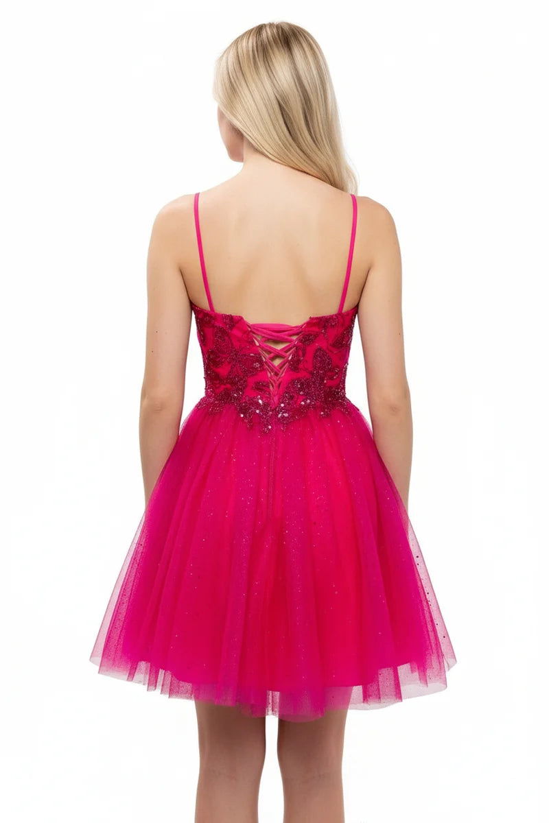 Sequin Floral Embroidered Short Homecoming Dress with Corset Back & Spaghetti Straps by Trevi S2828J