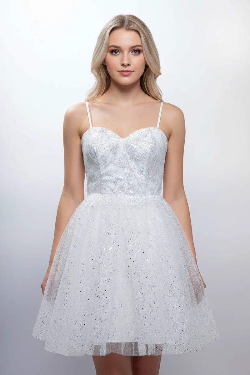 Sequin Floral Embroidered Short Homecoming Dress with Corset Back & Spaghetti Straps by Trevi S2828J