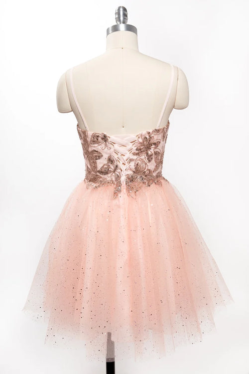 Sequin Floral Embroidered Short Homecoming Dress with Corset Back & Spaghetti Straps by Trevi S2828J
