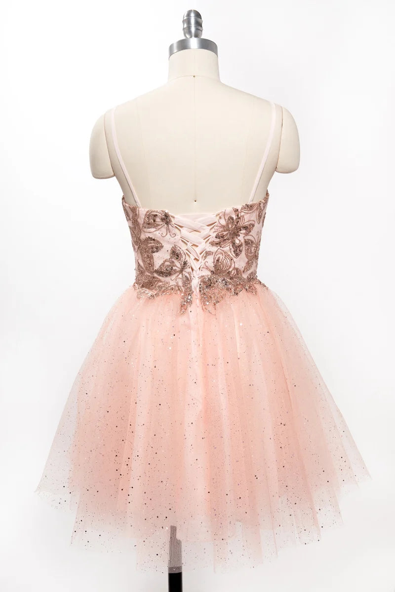 Sequin Floral Embroidered Short Homecoming Dress with Corset Back & Spaghetti Straps by Trevi S2828J