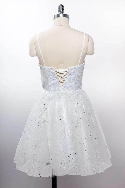 Sequin Floral Embroidered Short Homecoming Dress with Corset Back & Spaghetti Straps by Trevi S2828J
