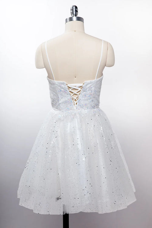 Sequin Floral Embroidered Short Homecoming Dress with Corset Back & Spaghetti Straps by Trevi S2828J