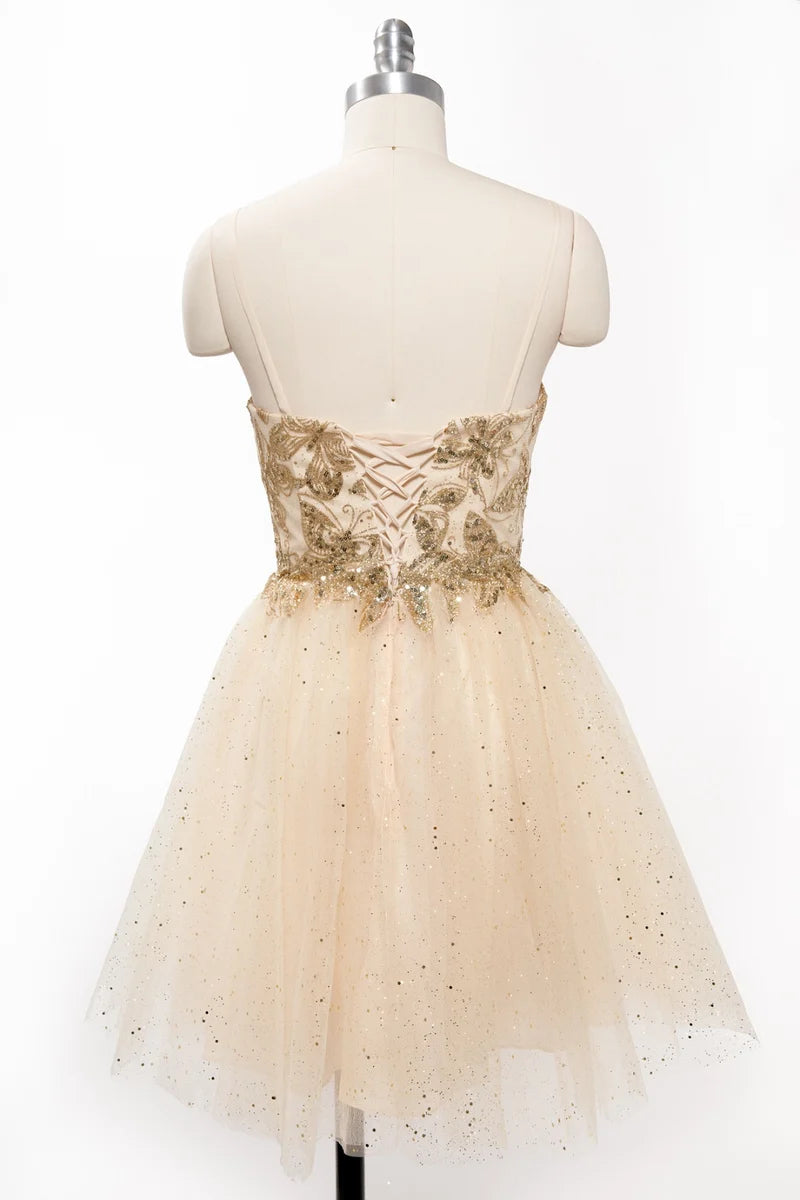 Sequin Floral Embroidered Short Homecoming Dress with Corset Back & Spaghetti Straps by Trevi S2828J