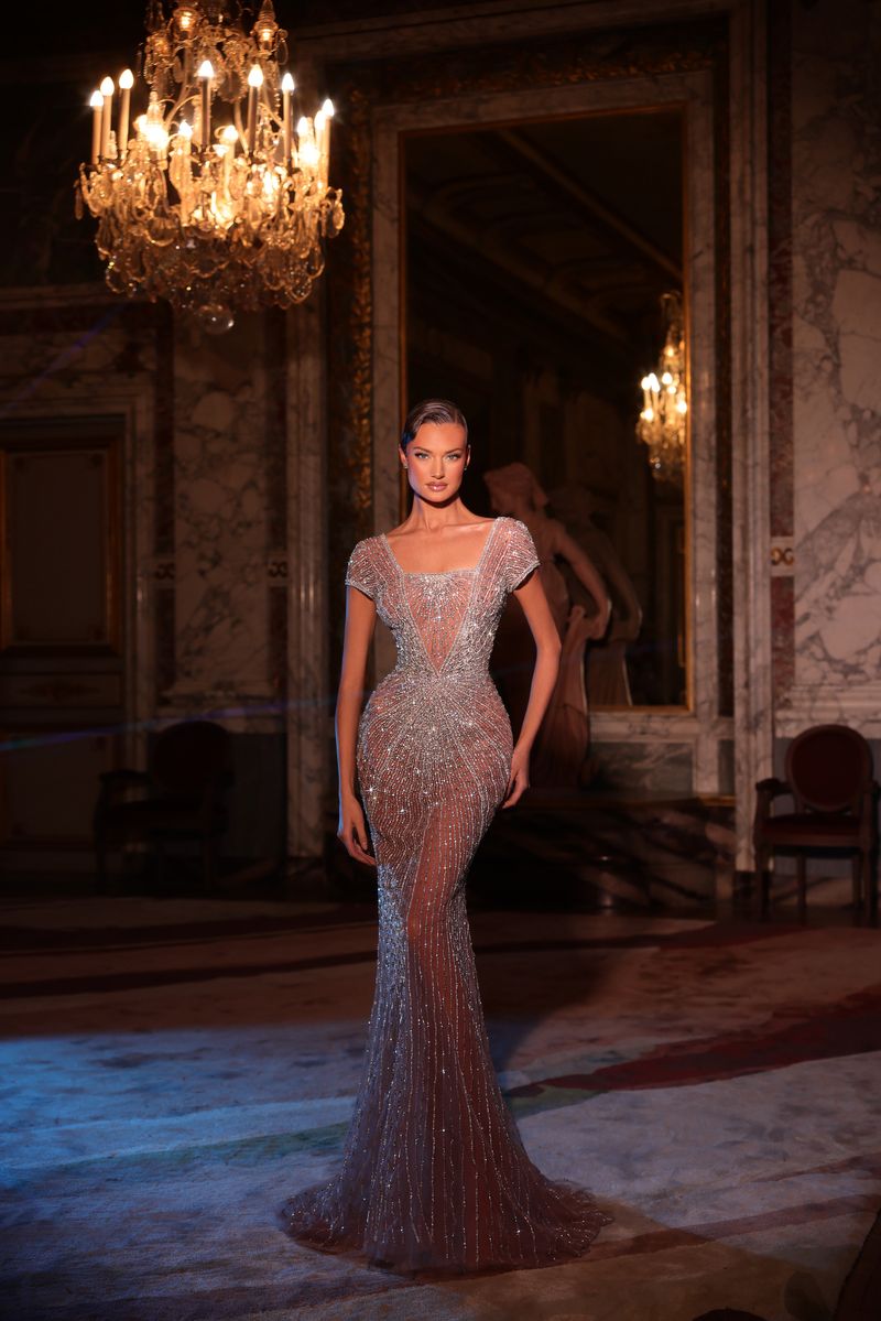 Square Neck Beaded Sheath Evening Gown