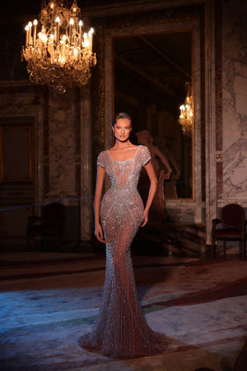 Chic and Holland HF110626 Square Neck Cap Sleeve Beaded Sheath Evening Gown