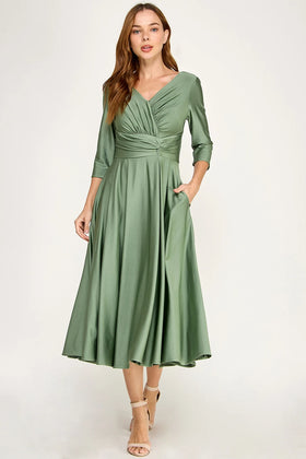 3/4-Sleeve Satin Twist-Front Midi Mother of the Bride Dress V-Neck Evening Dress by Perrty 3127