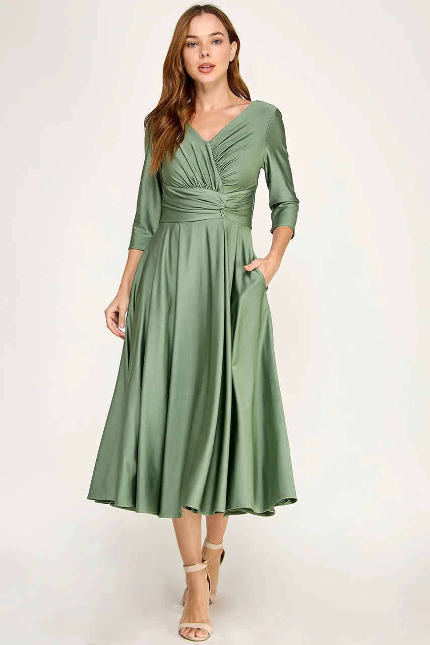 3/4-Sleeve Satin Twist-Front Midi Mother of the Bride Dress V-Neck Evening Dress by Perrty 3127