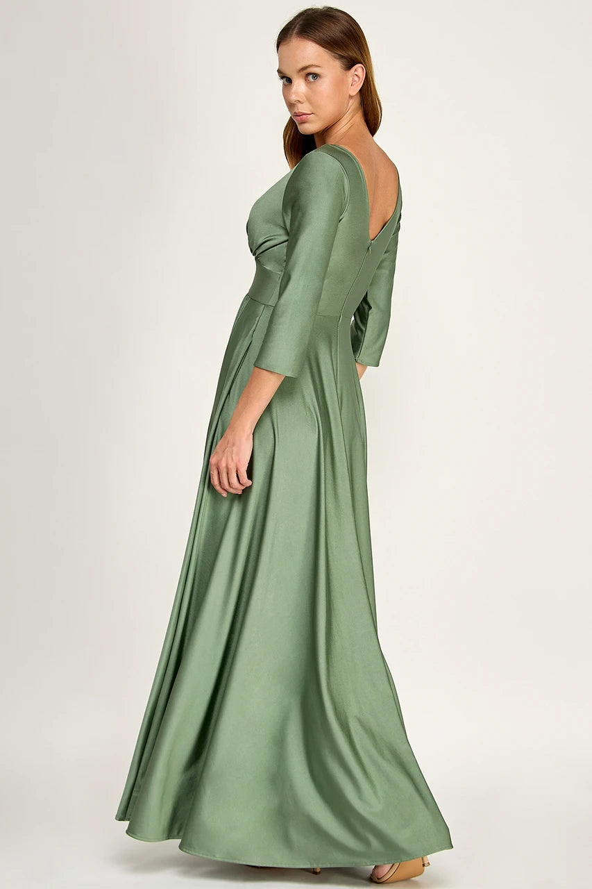 Ruched Bodice V-Neck 3/4 Sleeve A-Line Full-Length Mother of the Bride Dress by Perrty 3132
