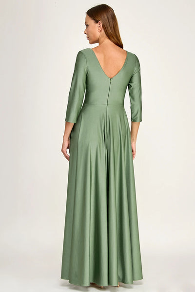 Ruched Bodice V-Neck 3/4 Sleeve A-Line Full-Length Mother of the Bride Dress by Perrty 3132