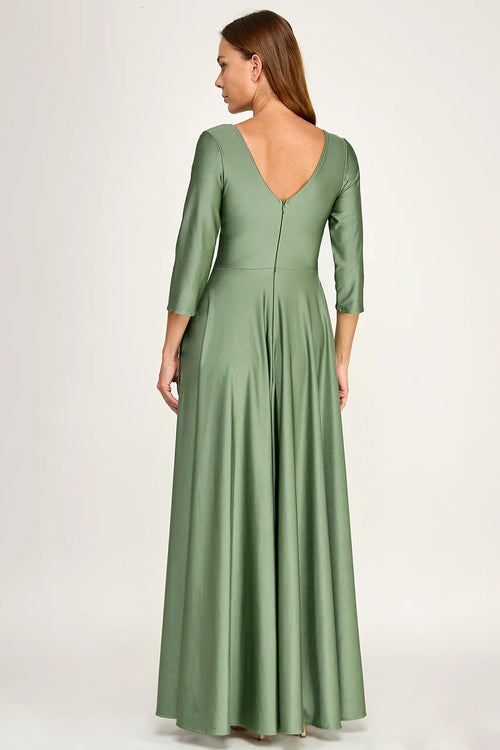 Ruched Bodice V-Neck 3/4 Sleeve A-Line Full-Length Mother of the Bride Dress by Perrty 3132