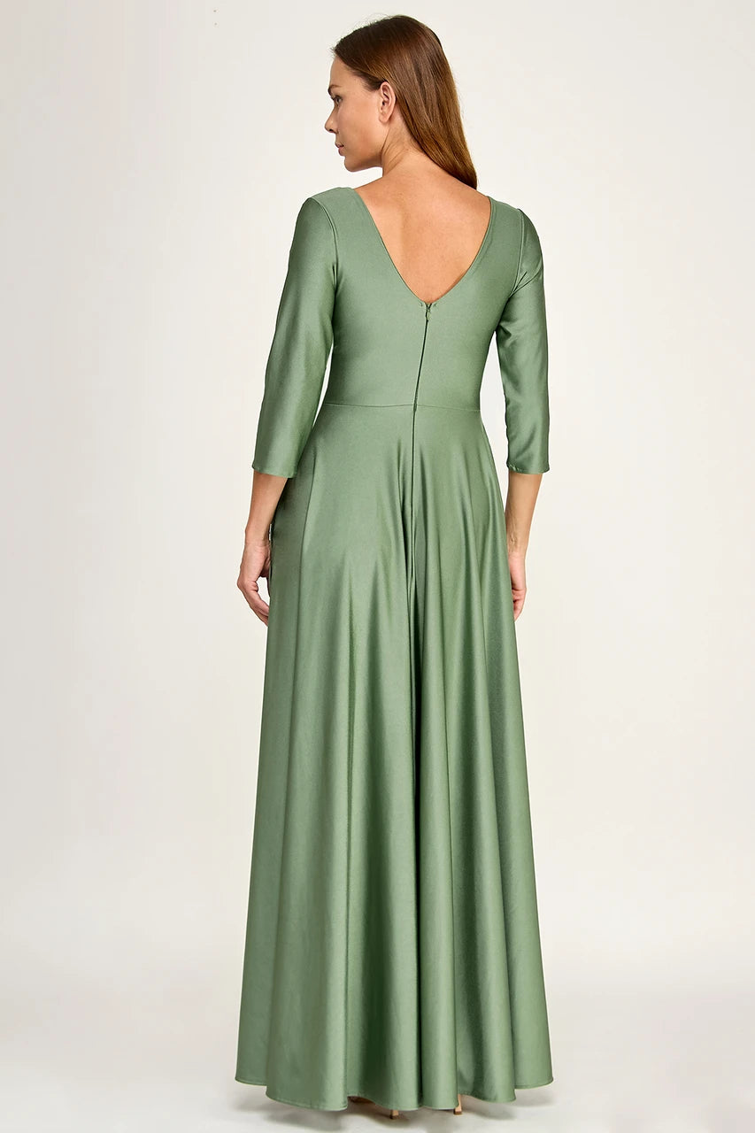 Ruched Bodice V-Neck 3/4 Sleeve A-Line Full-Length Mother of the Bride Dress by Perrty 3132