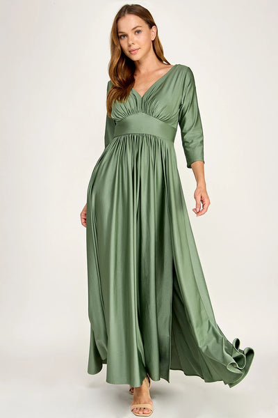 Ruched Bodice V-Neck 3/4 Sleeve A-Line Full-Length Mother of the Bride Dress by Perrty 3132