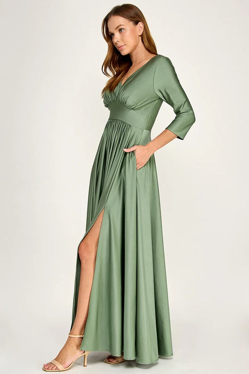 Ruched Bodice V-Neck 3/4 Sleeve A-Line Full-Length Mother of the Bride Dress by Perrty 3132
