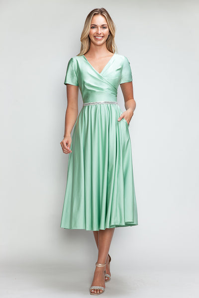 Lenovia 5274 V-Neck Short Sleeve Midi Cocktail Dress with Rhinestone Waist Formal & Wedding Guest Attire