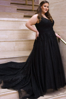 Sydney's Closet SC5255 Plus Size V-Neck Black Satin and Glitter Tulle Wedding Dress