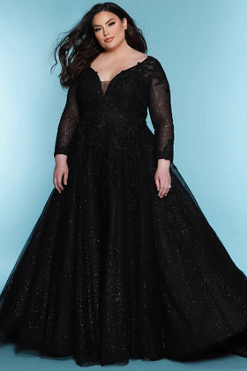 Sydney's Closet SC5267 Plus Size Long Sleeve Black Lace and Glitter Tulle Wedding Dress