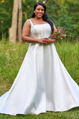 Sydney's Closet SC5334 Plus Size Square Neck Diamond White Satin Wedding Dress