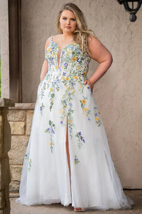 Sydney's Closet SC5371 Plus Size V-Neck Ivory Floral Sparkle Tulle Wedding Dress