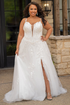 Sydney's Closet SC5372 Plus Size V-Neck Ivory Satin and Sparkle Tulle Wedding Dress
