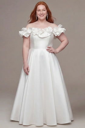 Sydney's Closet SC5378 Plus Size Off-the-Shoulder Ivory Satin Wedding Dress